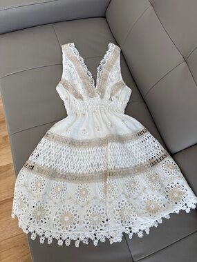 TEMPTATION POSITANO White Eyelet Lace Mini Dress with Gold Trim - Small - NWT